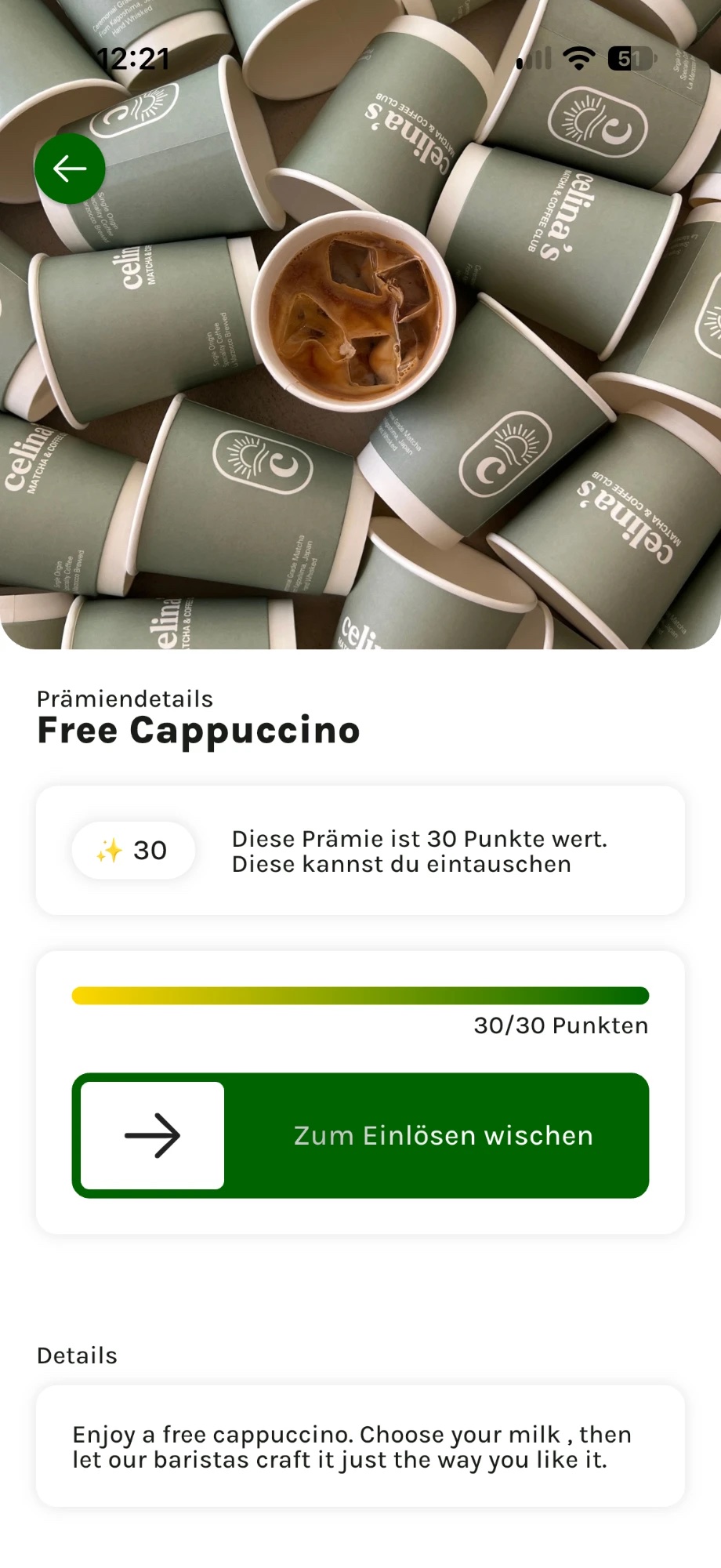 Prämie „Free Cappuccino“ in der App von Celina's Matcha