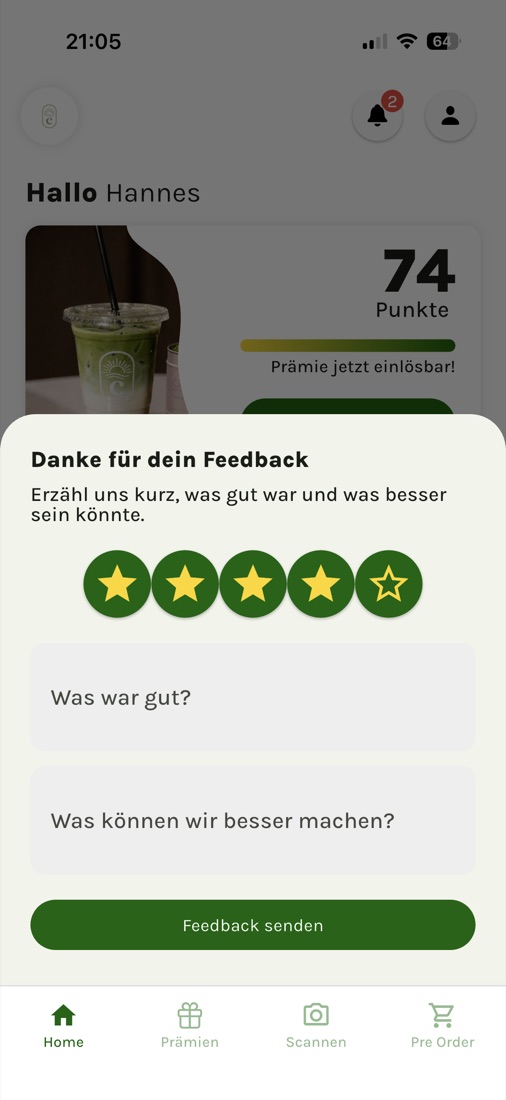 Feedback-Fenster in der App von Celina's Matcha