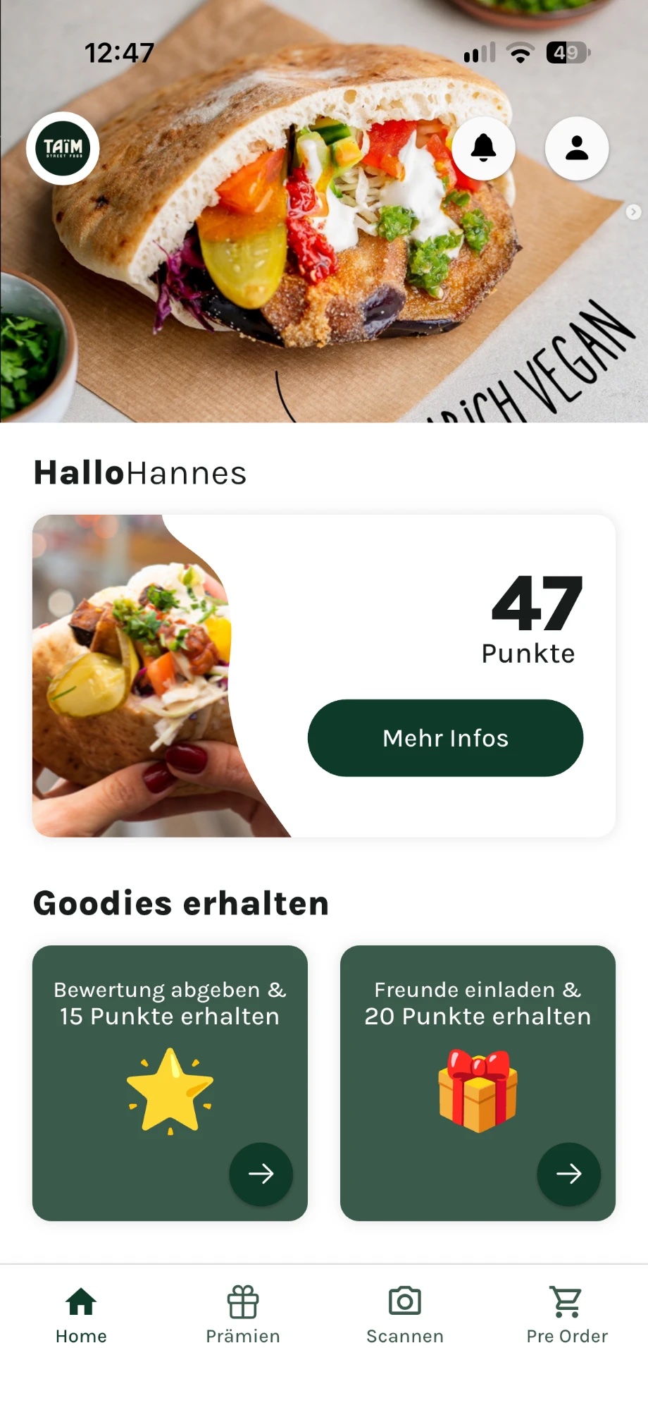 Startseite der Taïm-App mit Punktestand
