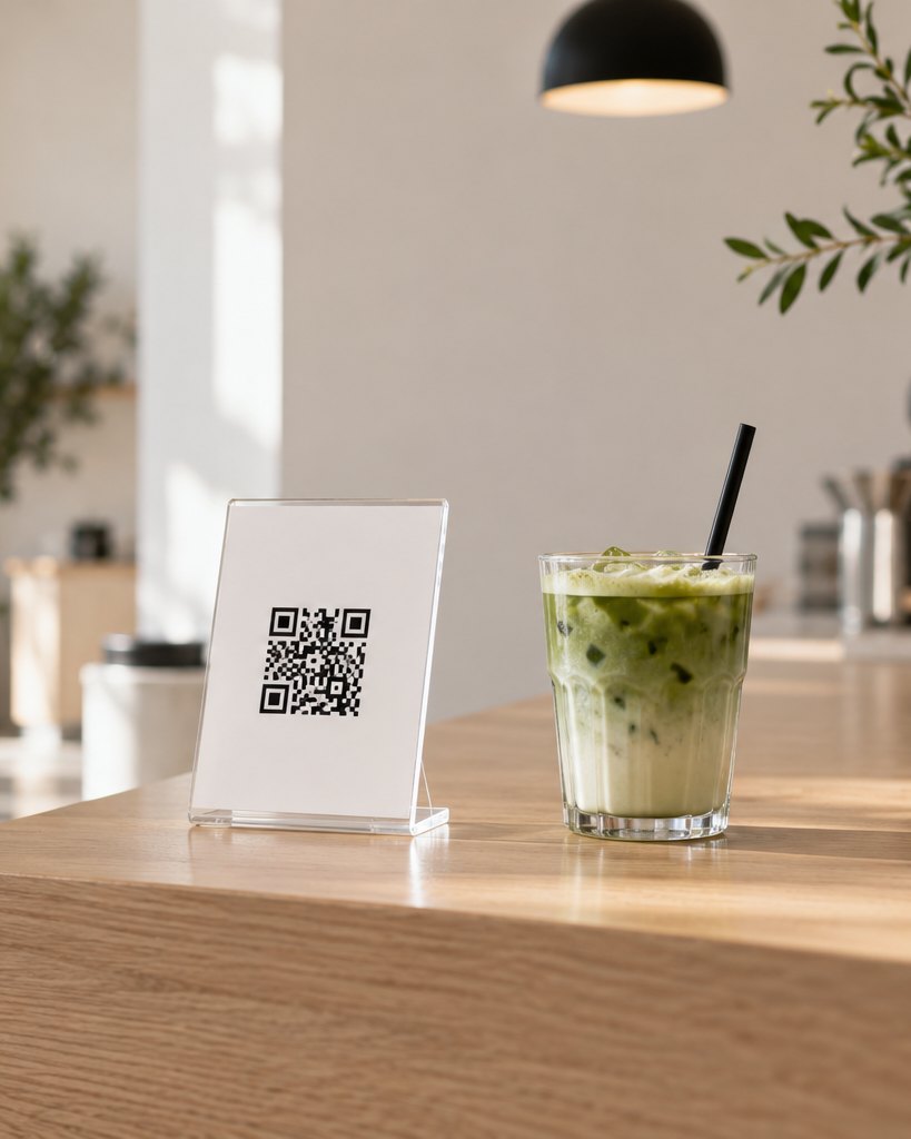 QR-Aufsteller auf der Theke, daneben eine Tasse oder ein Teller. Ruhig, viel Licht, kein Gesicht nötig.