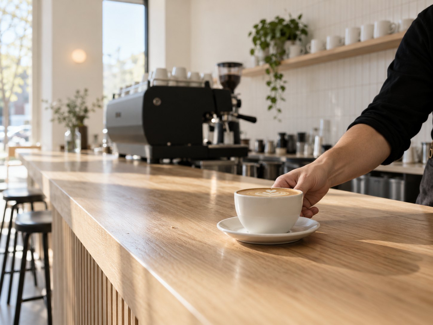 Kaffee wird an der Theke über die Theke gereicht, oder eine Tasse auf der Theke. Ruhig, viel Licht.