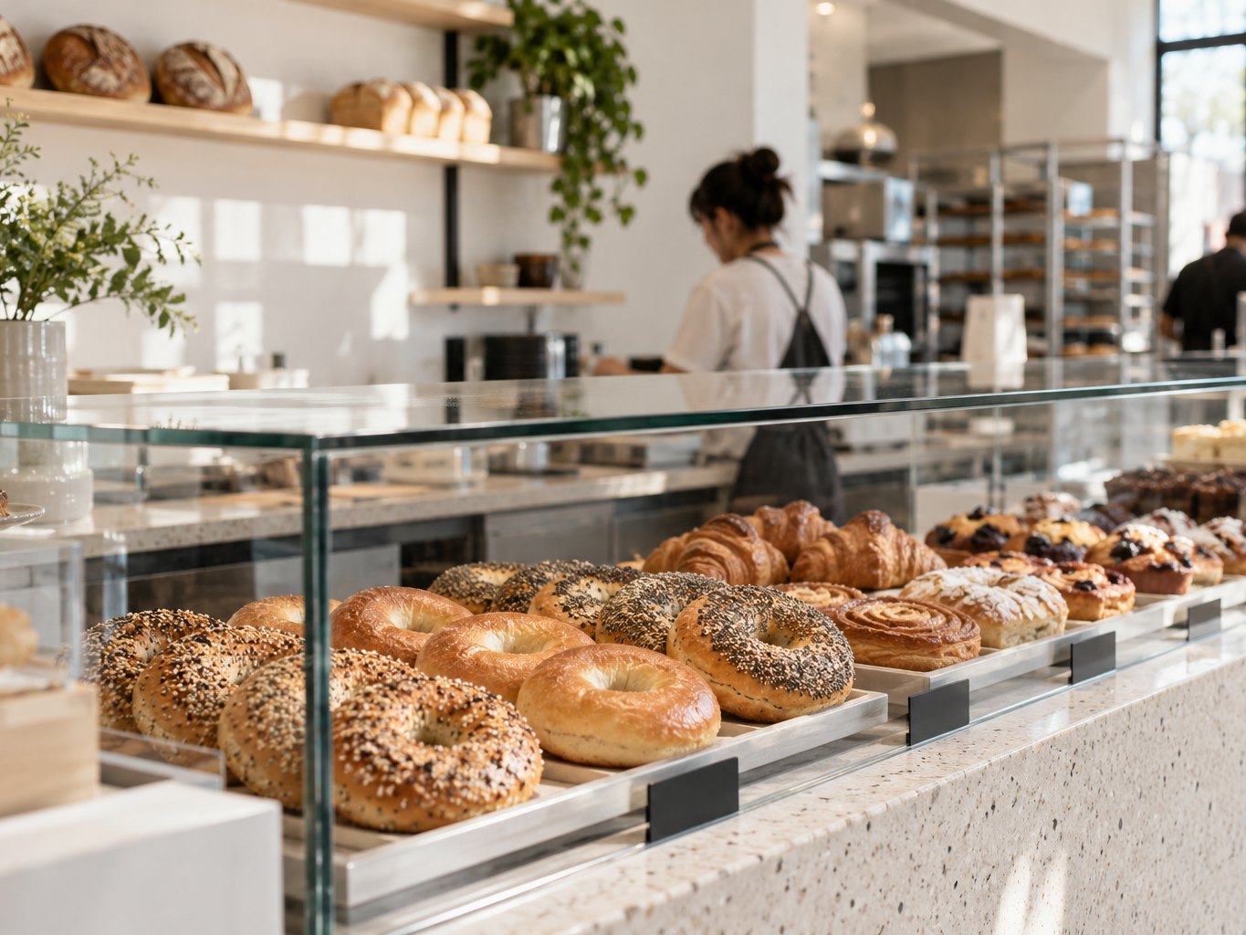 Vitrine oder Theke mit Gebäck, z. B. Vollath's Bagelbar.