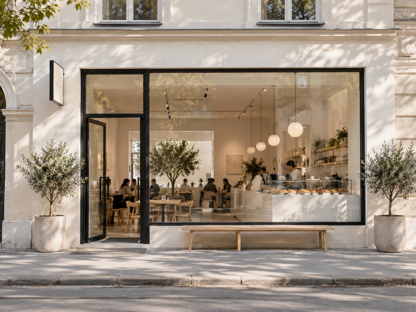 Außenansicht eines Lokals mit Schaufenster und Schild, tagsüber.
