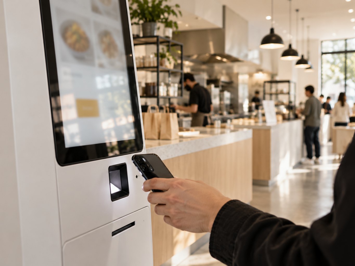 Ein Gast hält die Wallet-Karte an den Scanner eines Selbstbedienungsterminals (Leaf).