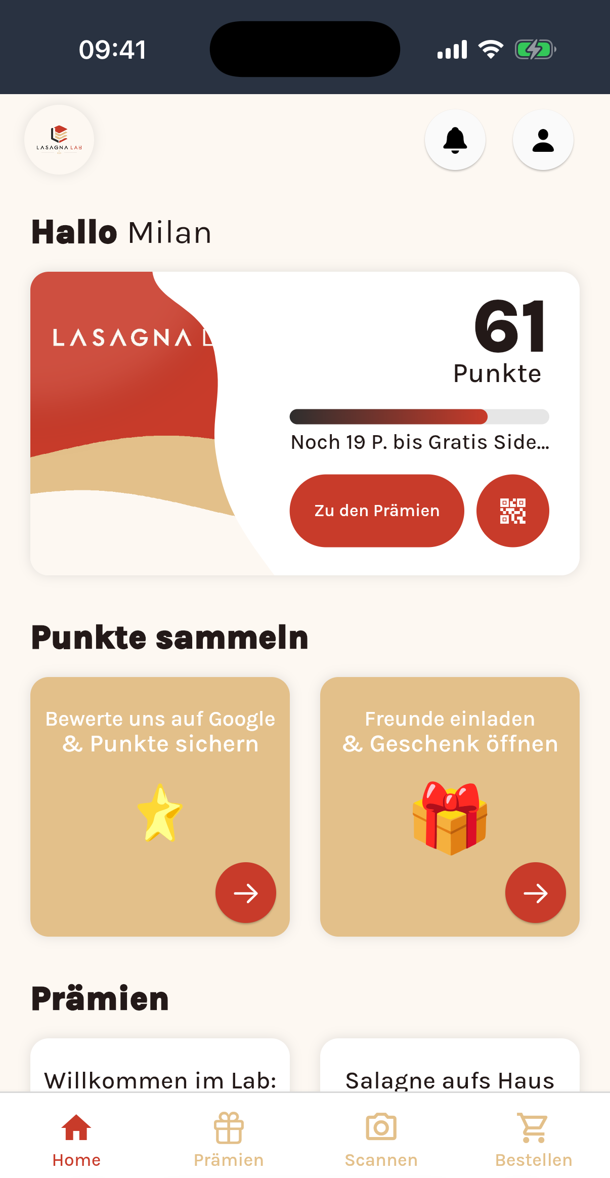 iPhone-Bildschirmfoto: Web-App eines Restaurants im Browser, Startseite mit Punktestand und nächster Prämie.